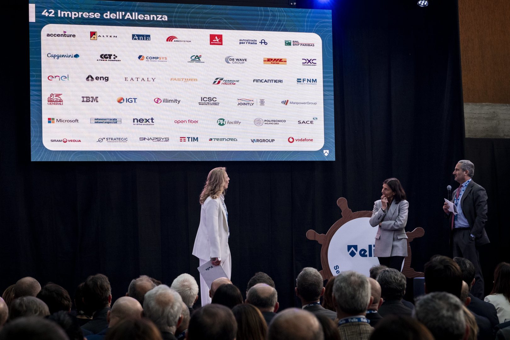 Relatori e partecipanti sul palco del CEO Meeting di primavera promosso dal Consorzio ELIS. Sullo sfondo, il pannello con i loghi delle 42 imprese aderenti al progetto “Includere per Crescere”, tra cui Sinapsys, impegnate nella promozione di una cultura d’impresa inclusiva e sostenibile.