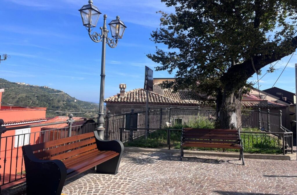 Veduta della Piazza Immacolata di Montepaone con l’Olmo della Libertà, albero monumentale secolare, affiancato da due panchine – una tradizionale e una smart – con vista panoramica sul paesaggio collinare circostante.