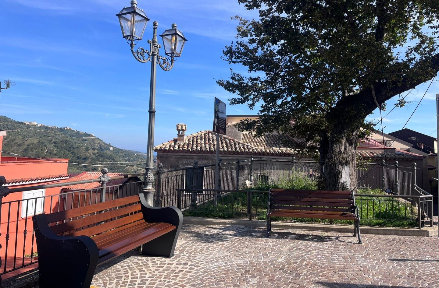 Veduta della Piazza Immacolata di Montepaone con l’Olmo della Libertà, albero monumentale secolare, affiancato da due panchine – una tradizionale e una smart – con vista panoramica sul paesaggio collinare circostante.