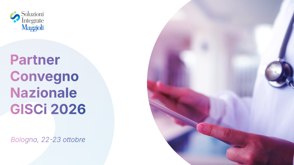 Soluzioni Integrate Maggioli partner del Convegno Nazionale GISCi 2026, a Bologna il 22 e 23 ottobre. Accanto al testo, un professionista sanitario con stetoscopio utilizza un tablet.
